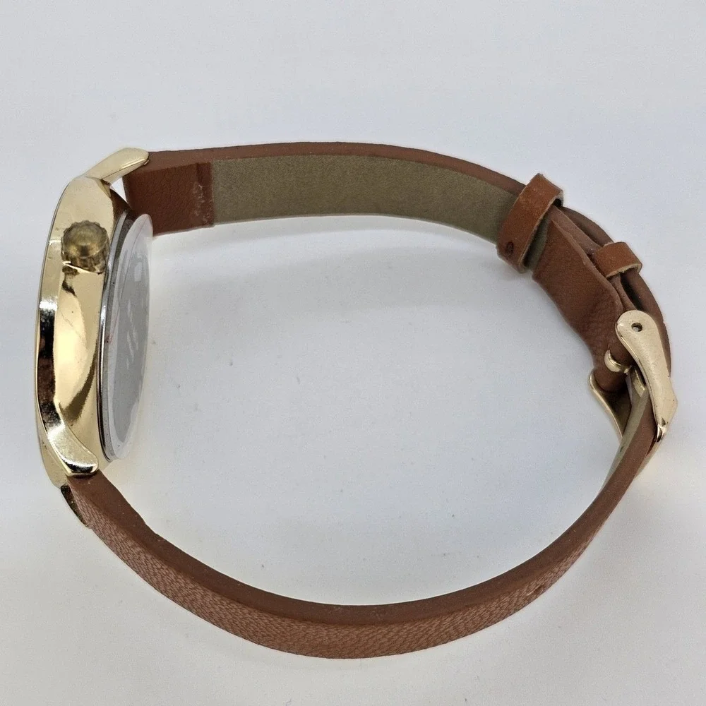 Kessaris Women's Watch 36MM White Dial Brown Faux Leather Bands‎ New Battery